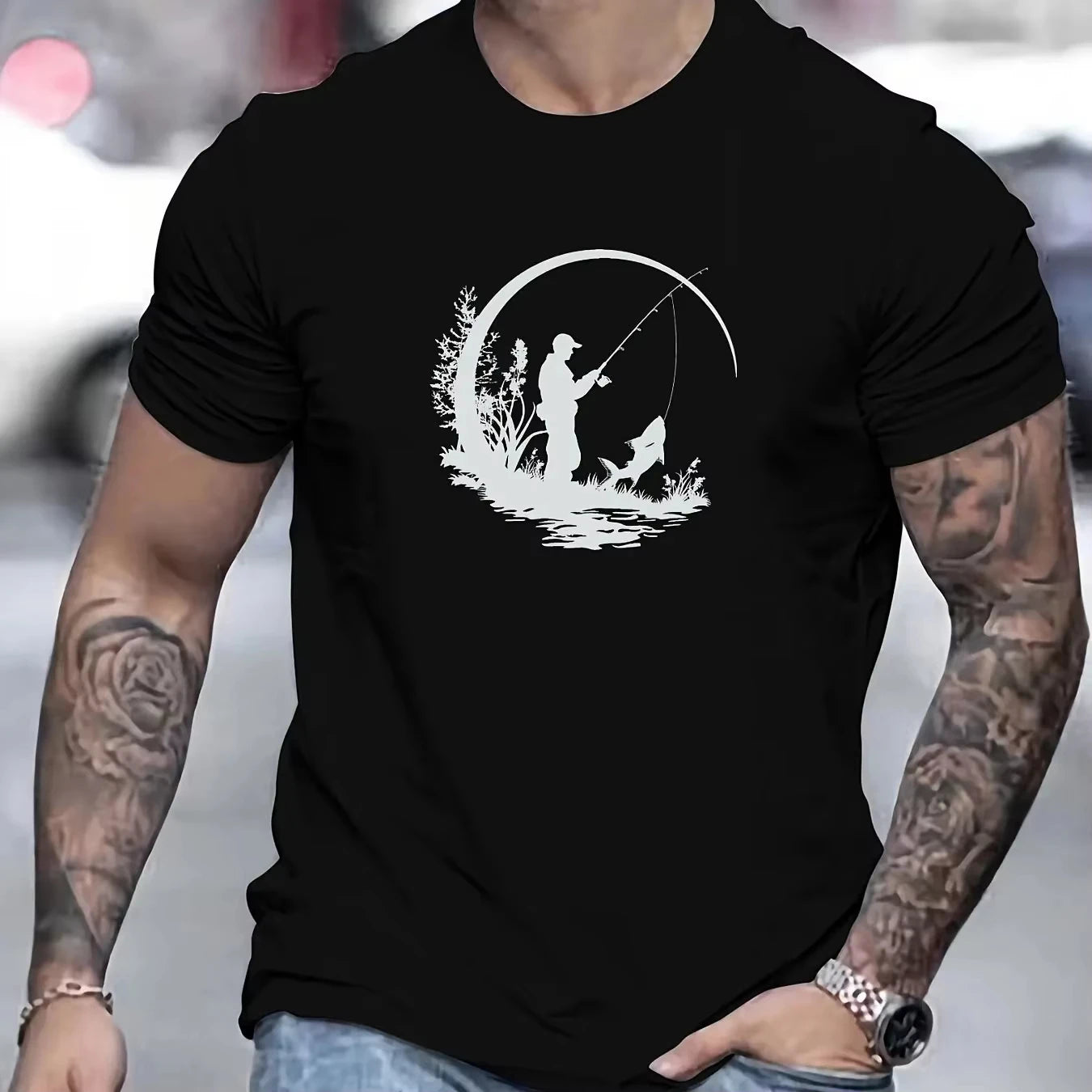 Fishing Fisherman Silhouette Shirt Men Outdoor Nature Aesthetic Cotton Casual Tee