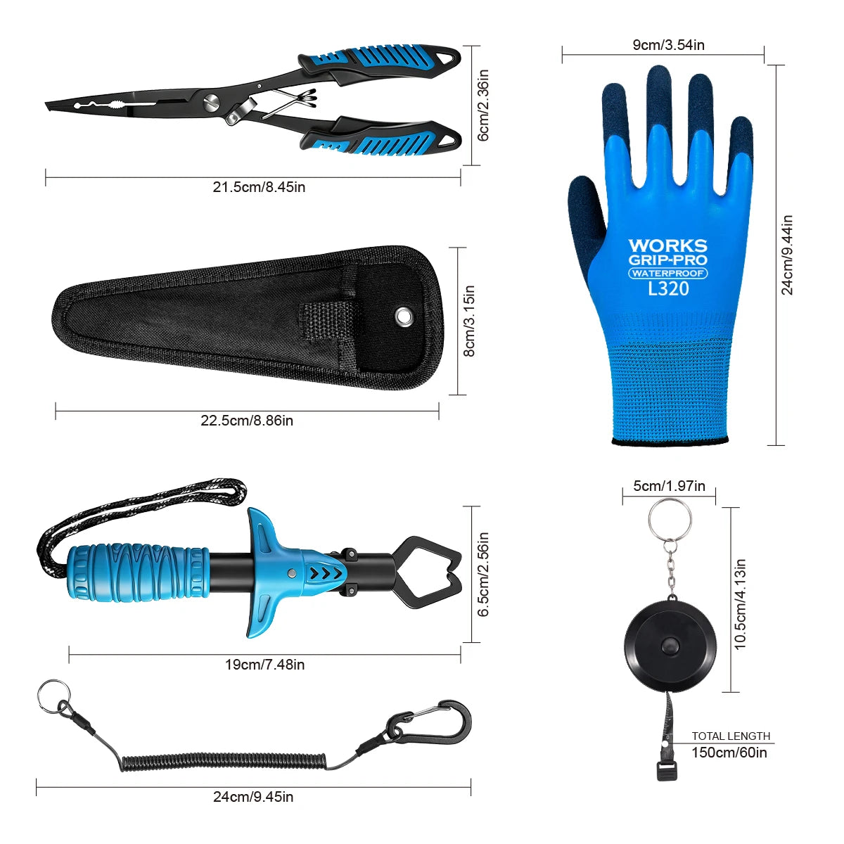 RALERA Complete Fishing Pliers Accessory Set:  Fishing Gloves, Pliers, Fish Grippers,Protect Pliers Sheath,Fish Tape Measure