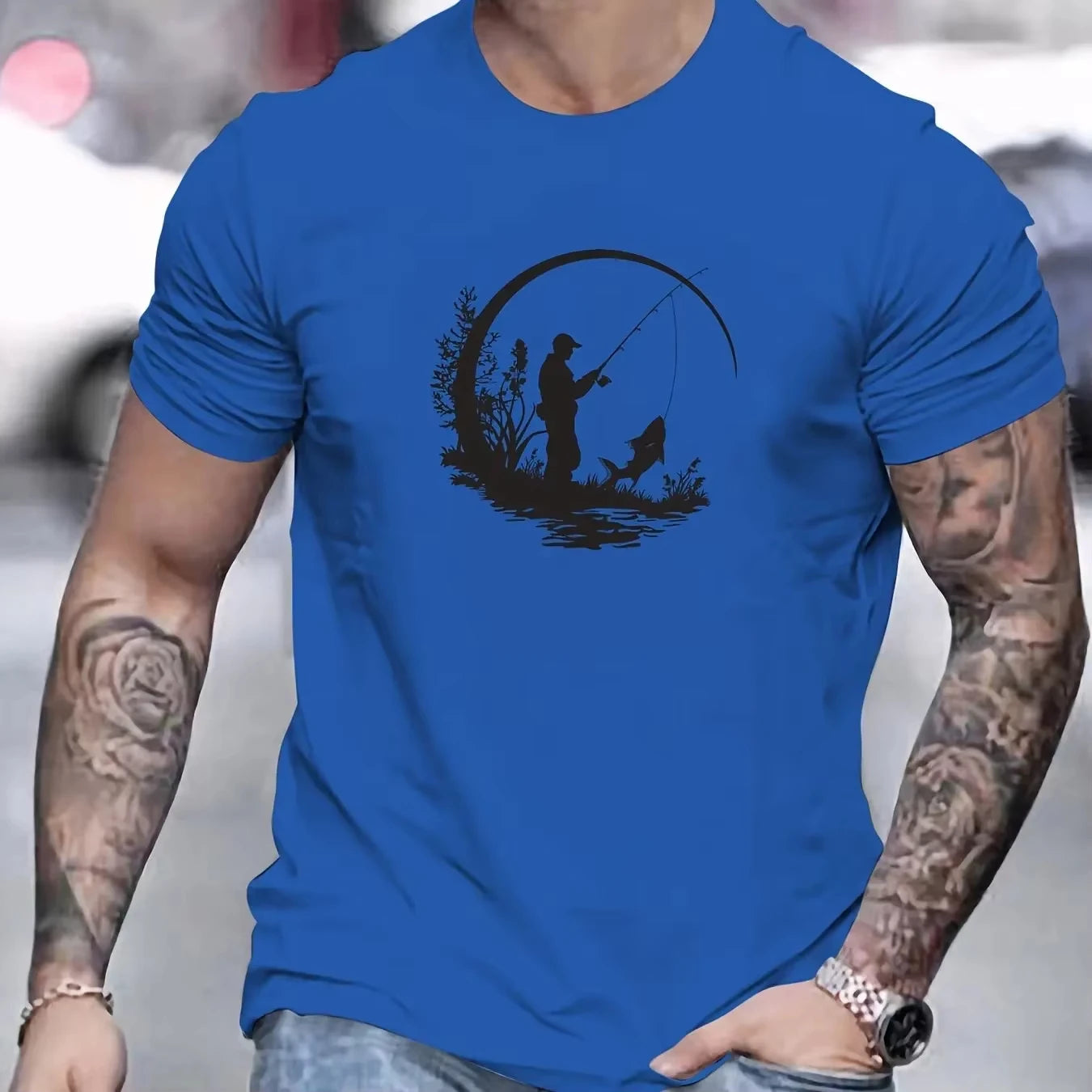 Fishing Fisherman Silhouette Shirt Men Outdoor Nature Aesthetic Cotton Casual Tee