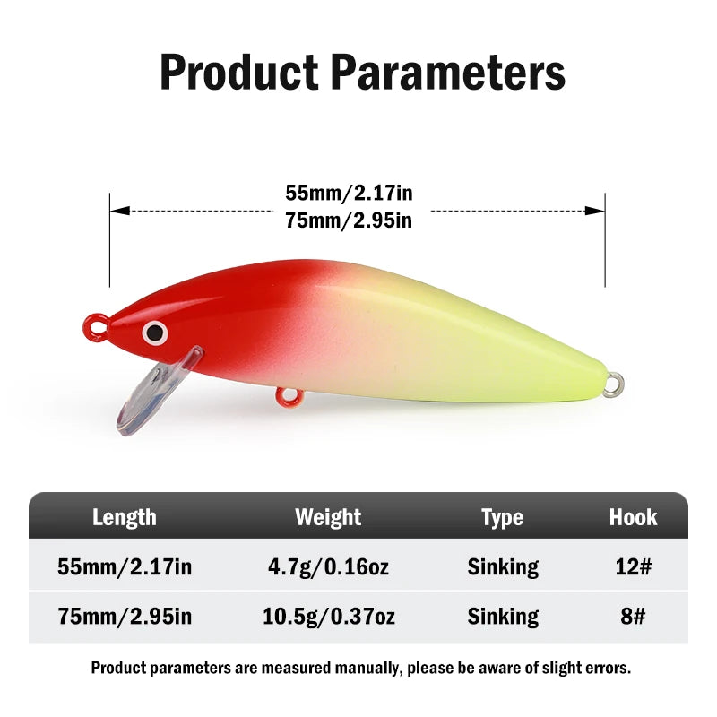 Leydun Suspending Sinking Minnow Fishing Lures 55mm 4.7g 75mm 10.5g Artificial Trout Lure Jerkbait Wobblers Hard Swimbaits