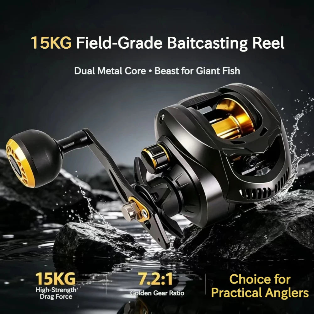 7.2:1 Heavy Duty Baitcasting Reel 15kg Max Drag 18+1BB Deep Spool Seawater Freshwater Boat Fishing Trolling Reel Left/Right Hand