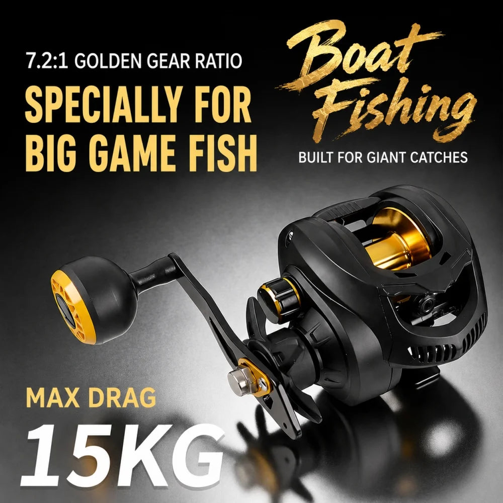 7.2:1 Heavy Duty Baitcasting Reel 15kg Max Drag 18+1BB Deep Spool Seawater Freshwater Boat Fishing Trolling Reel Left/Right Hand