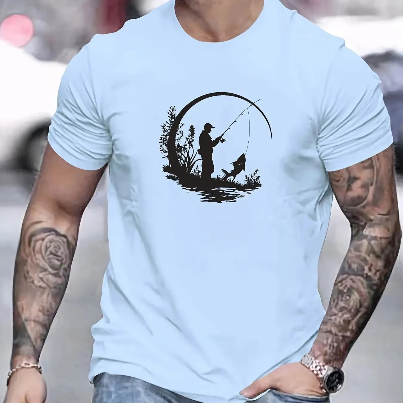 Fishing Fisherman Silhouette Shirt Men Outdoor Nature Aesthetic Cotton Casual Tee
