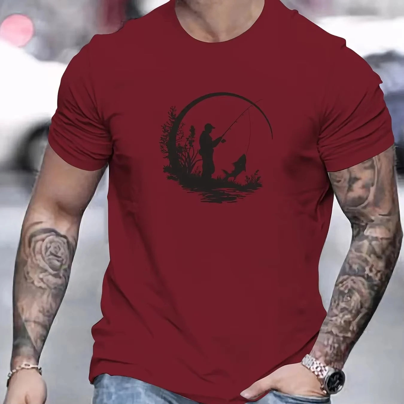 Fishing Fisherman Silhouette Shirt Men Outdoor Nature Aesthetic Cotton Casual Tee