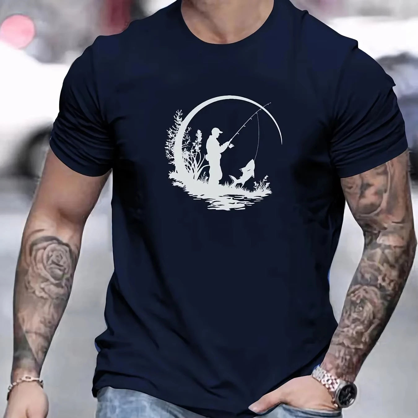 Fishing Fisherman Silhouette Shirt Men Outdoor Nature Aesthetic Cotton Casual Tee